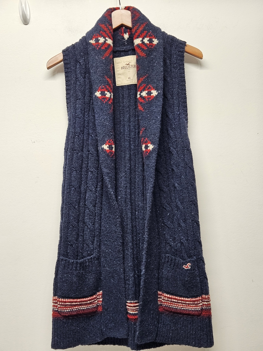 Hollister Navy Cable Knit Sweater Vest Aztec Tribal Print Open Front M/L Y2K
